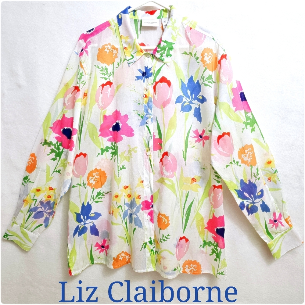 Liz Claiborne, Colorful Floral Print Blouse, Soft 100% Cotton, XL